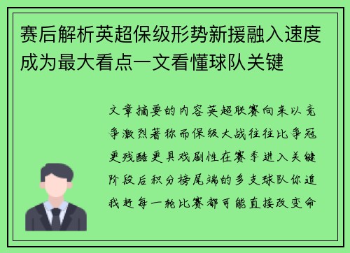 赛后解析英超保级形势新援融入速度成为最大看点一文看懂球队关键