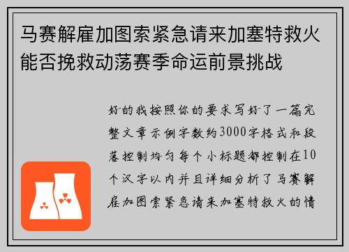马赛解雇加图索紧急请来加塞特救火能否挽救动荡赛季命运前景挑战